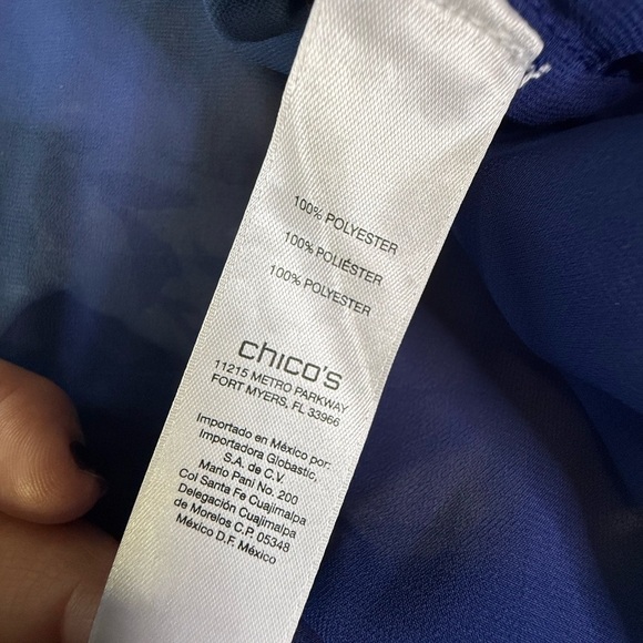 Chicos Cobalt Blue Split Neck Sequin Front Sheer Layered Occassion Blouse - Picture 13 of 13